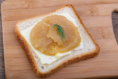 Sandwich with herring roe, butter and dillの写真素材
