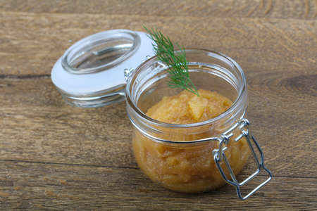 Herring roe with dill on the plateの写真素材