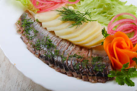 Herring with potato and onion served dillの写真素材