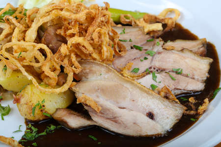 Czech cuisine - roasted pork with asparagus and vegetablesの写真素材