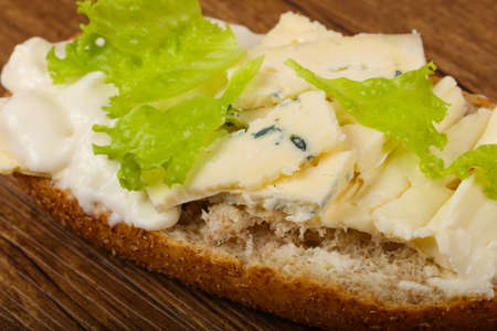 Three Cheeses sandwich with salad leaves on wood backgrondの写真素材