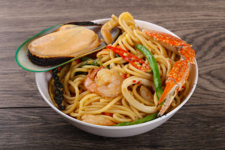 Seafood spaghetti with mussels, crab and shrimpの写真素材