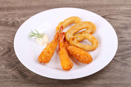 Squid and Shrimp Tempura with garlic sauceの写真素材