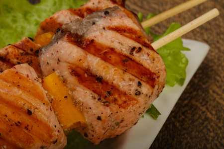 Grilled salmon skewer with dijon mustars sauceの写真素材