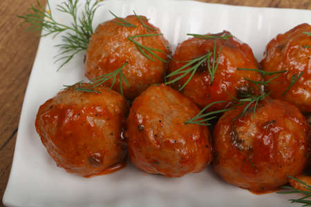 Meat balls in tomato sauce served dillの写真素材