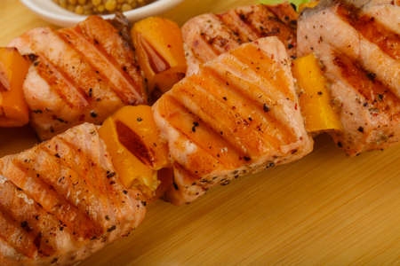 Grilled salmon skewer with dijon mustars sauceの写真素材