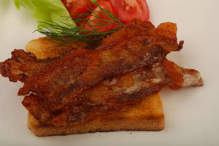 Bread with roasted bacon served salad leavesの写真素材