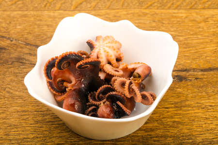 Boiled baby octopuses over salad leavesの写真素材