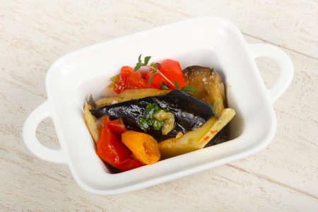 Steamed vegetables - eggplant, tomato, pepper and zucchiniの写真素材