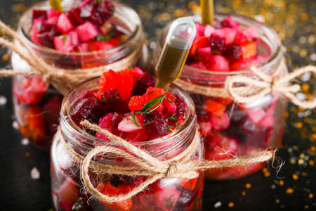 Vinaigrette salad in glass can for cateringの写真素材