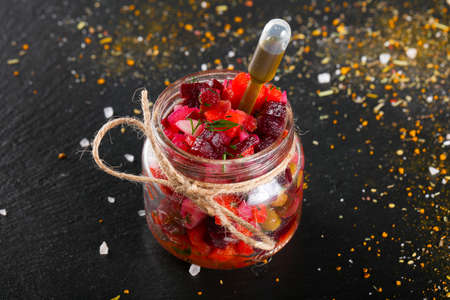 Vinaigrette salad in glass can for cateringの写真素材