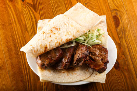 Beef kebab - shashlik with lavash breadの写真素材