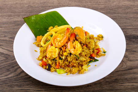 Fried rice with seafood - shrimp, mussel, squidの写真素材
