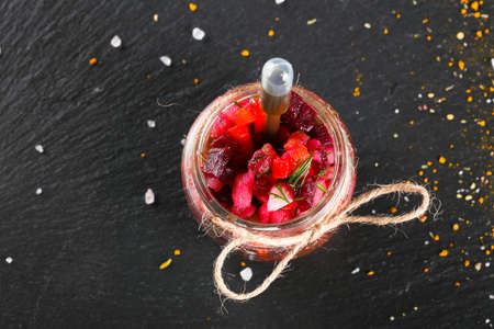 Vinaigrette salad in glass can for cateringの写真素材