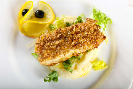 Baked Cod fish with mashed potatoの写真素材