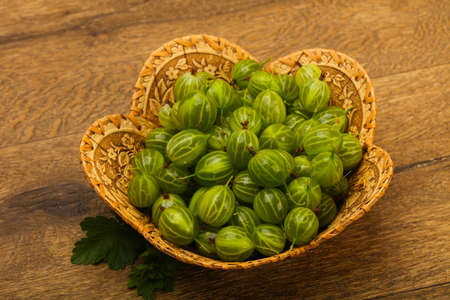 Gooseberries in the bowl with leafの写真素材