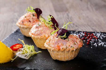 Canape with shrimp salad served lemonの写真素材
