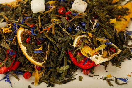 Aroma tea heap with fruit, berries and herbsの写真素材