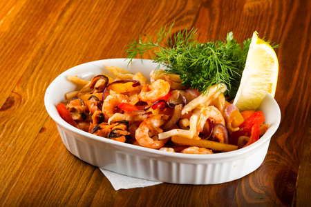 Seafood cocktail with squid, mussels and shrimps