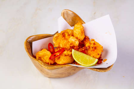 Crispy squid with chili and lemonの写真素材