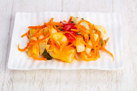 Delicious asian salad with marinated bamboo shoots and vegetablesの写真素材