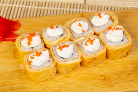 Delicious chakin sushi rolls with cream cheese and caviarの写真素材