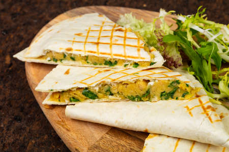 Delicious quesadilla pita with avocado pasta