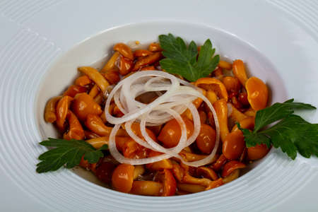 Appetizing marinated mushrooms with onions and herbsの写真素材