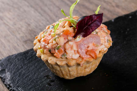 Canape with shrimp salad served lemonの写真素材