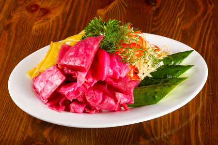 Pickked vegetables - cabbage, pepper, cucumberの写真素材