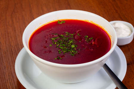 Tasty borsch soup with sour creamの写真素材