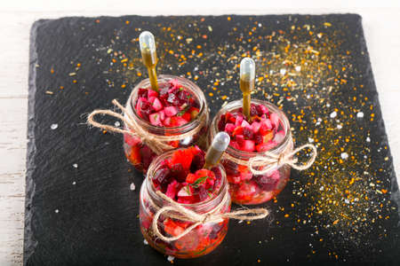 Vinaigrette salad in glass can for cateringの写真素材