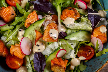 Salad with grilled salmon and cucumbersの写真素材