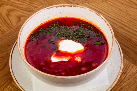 Russian traditional borscht with cream