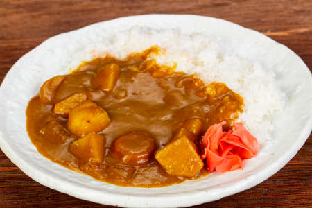 Vegan curry with vegetables and riceの写真素材