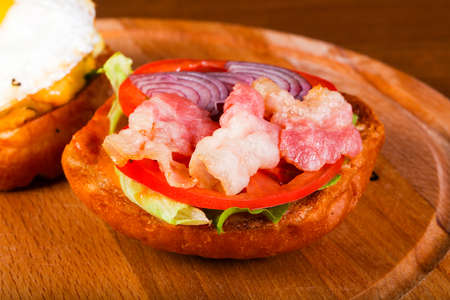 Burger with egg, ham and onionの写真素材
