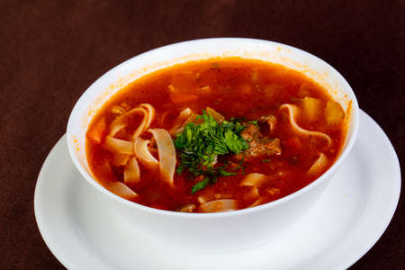 Uzbek traditional Lagman soup with meatの写真素材