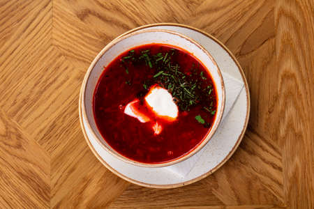 Russian traditional borscht with cream