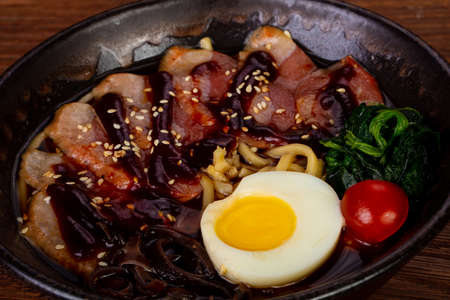 Ramen soup with duck breastの写真素材