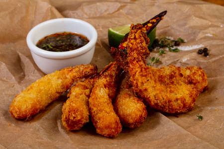 Tempura prawn with sauce and pepperの写真素材