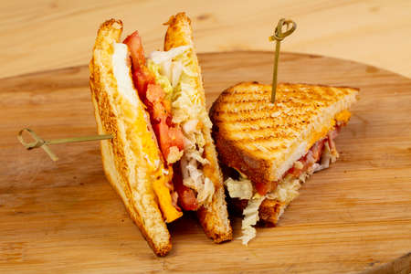 Club sandwich with egg and hamの写真素材