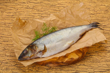 Salted herring over the wooden board with dill