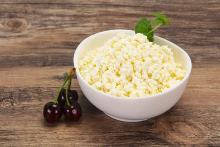 Fresh tasty curd in the bowl served mint and cherry
