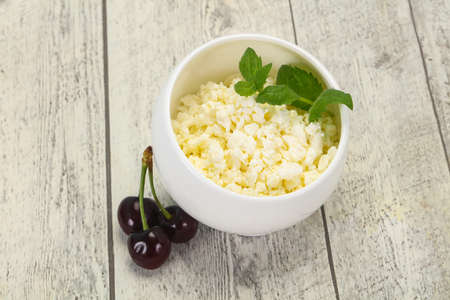 Fresh tasty curd in the bowl served mint and cherry
