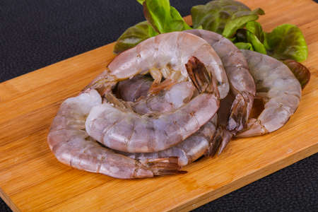 Raw king prawns ready for cooking served salad leavesの写真素材