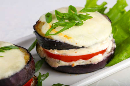 Baked eggplant with tomato and cheeseの写真素材