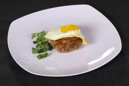 Beef cutlet with egg and coriander leavesの写真素材