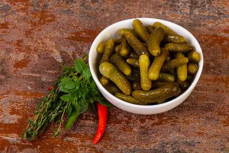 Pickled small cucumbers in the bowl served herbsの写真素材