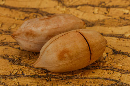 Ripe tasty Two whole pecan nutsの写真素材