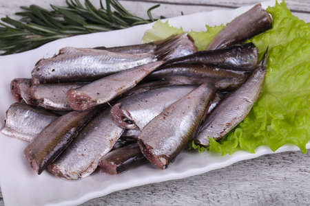 Anchovy fish snack in the bowl served salad leaves and rosemaryの写真素材